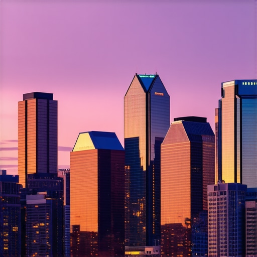 Dallas skyline with icons representing SEO and local search optimization