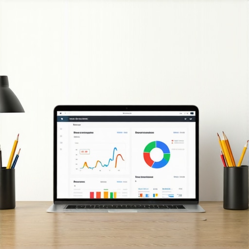 Local SEO Tools in Action A workspace with a laptop showing local SEO analytics, citation management, and review monitoring tools.