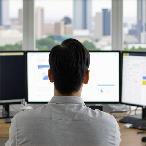 Monitoring Local SEO in Dallas Person reviewing local SEO analytics with Dallas cityscape