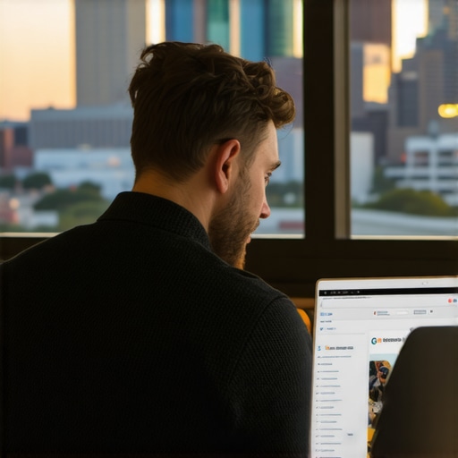 Optimizing Google My Business in Dallas Business owner updating Google My Business profile with Dallas skyline