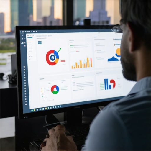 A person reviewing SEO dashboard analytics with Dallas skyline behind them
