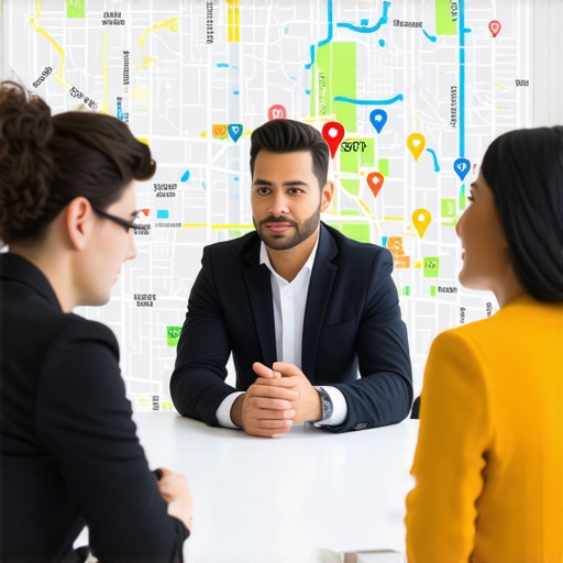 Business team planning local SEO tactics in Dallas with digital map background