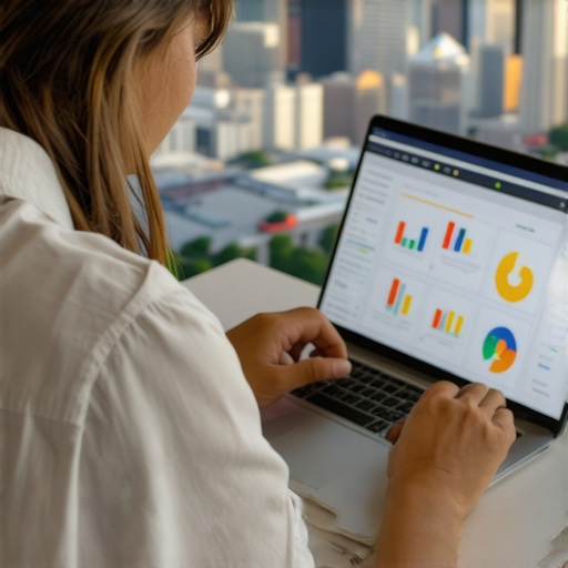 Person reviewing SEO analytics on a laptop with Dallas skyline
