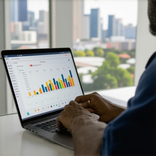 Person reviewing local SEO analytics with Dallas skyline in the background.