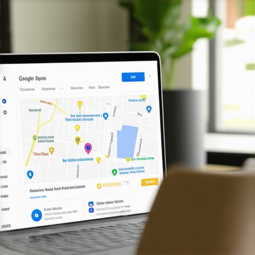 Dallas entrepreneur working on Google My Business listing on laptop, map and business signage in background