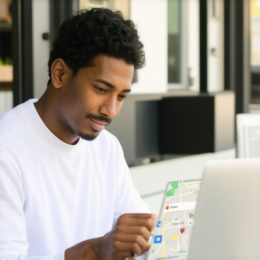 Dallas business owner editing Google Maps listing on laptop outside storefront.