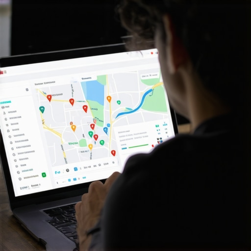Digital marketing professional reviewing Dallas local SEO dashboards on laptop.