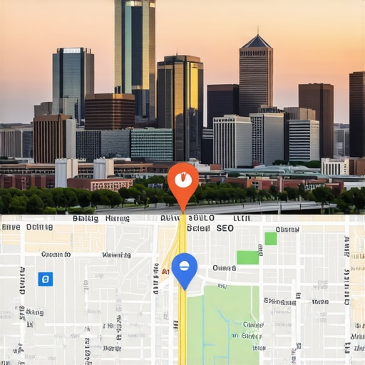 Dallas cityscape with digital map overlays representing local SEO tools.