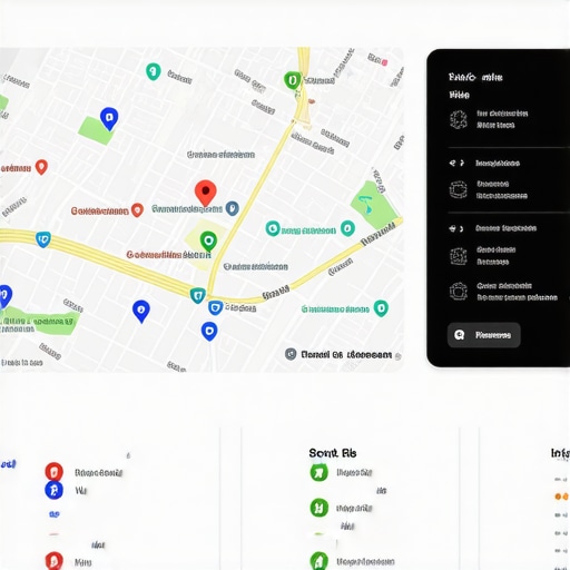 Illustration of a Google Maps dashboard displaying a Dallas business profile with optimization indicators.