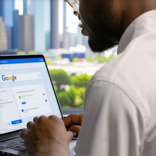 Business owner updating Google My Business profile with Dallas skyline in background.