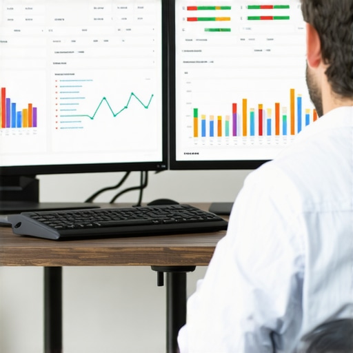 SEO analyst analyzing local search data on multiple screens in a Dallas office