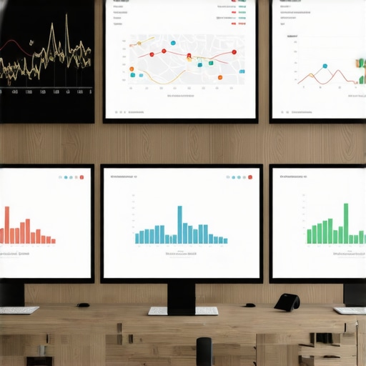 A workspace with computers showing local SEO dashboards, analytics, and maps.