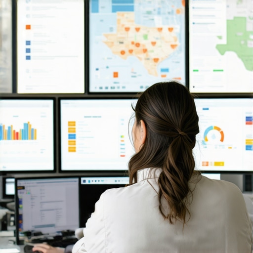 Digital marketer using SEO analytics tools with Texas map graphics in the background.