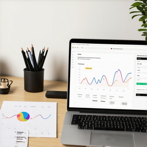 Office desk setup with SEO software and ranking charts