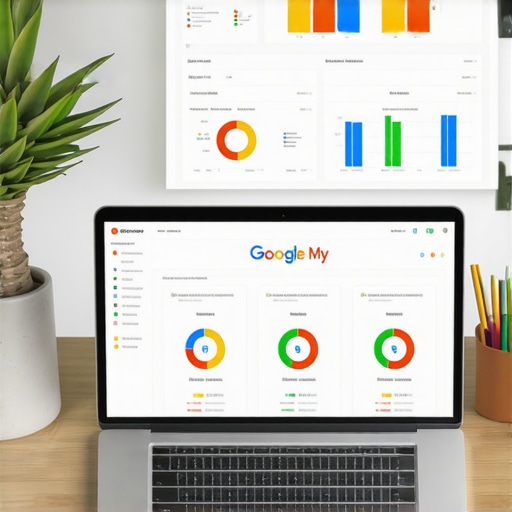 Workstation with SEO software dashboards and Google My Business management tools